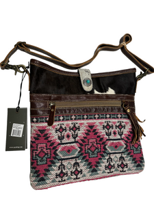 Cowhide, Tapestry and leather cross body  bag with leather strap