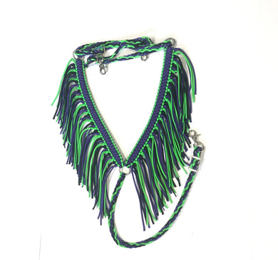 fringe breast collar neon green and neon purple.