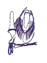 Purple horse tack set with tie down (fringe breast collar, wither strap, reins, and bridle)