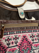 Cowhide, Tapestry and leather cross body  bag with leather strap