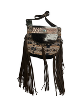 Cowhide, fringe, Tapestry and leather shoulder  bag with leather strap