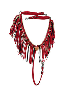 Red black and gold fringe breast collar with a wither strap