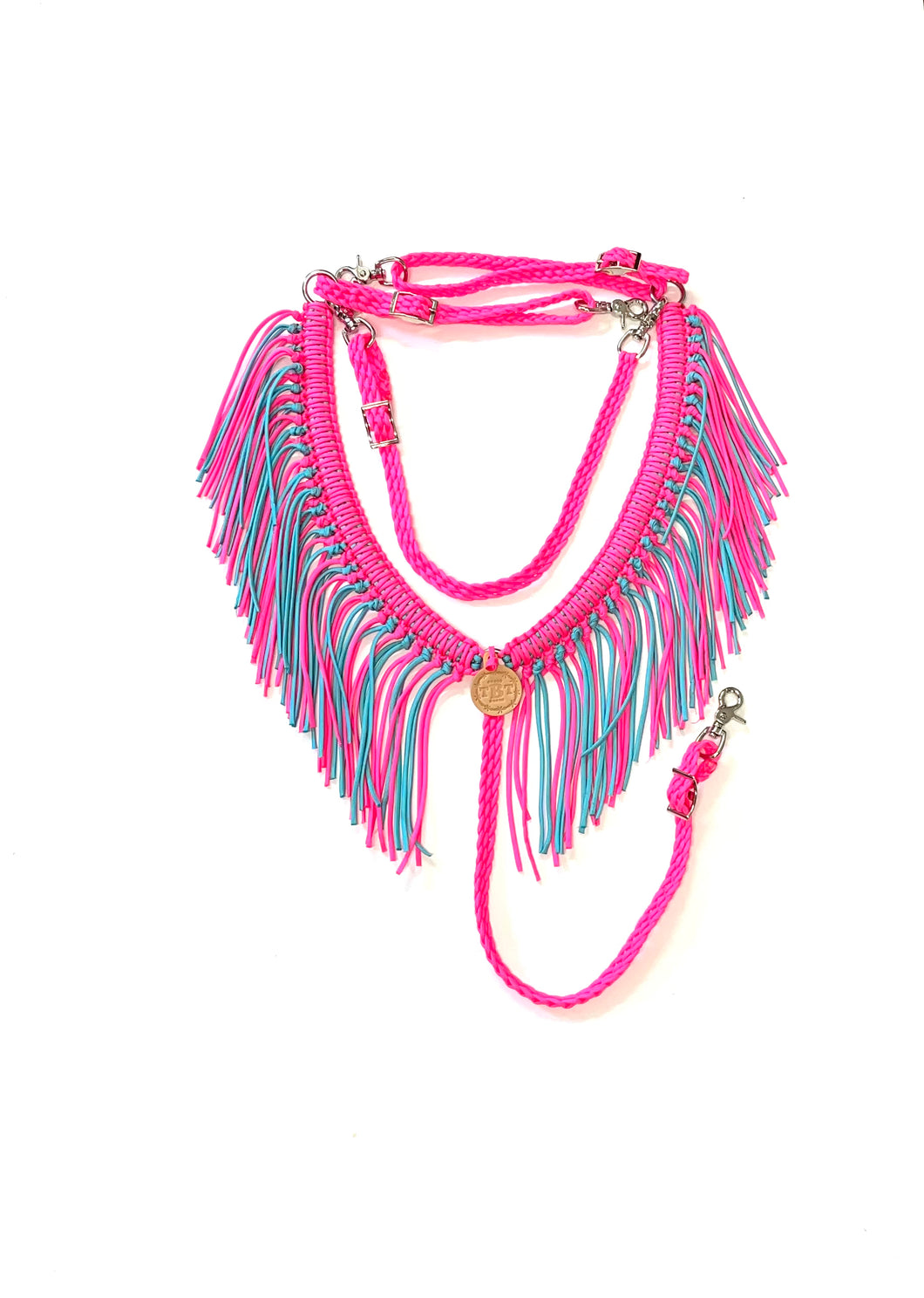 fringe breast collar neon hot pink and light teal with a wither strap