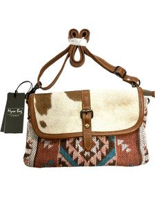 Tapestry cowhide and leather small cross body bag with leather strap