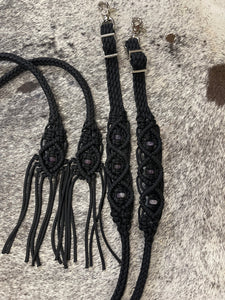 Black Beaded amethyst Browband Headstall with a fancy braided browband with matching reins....all sizes.