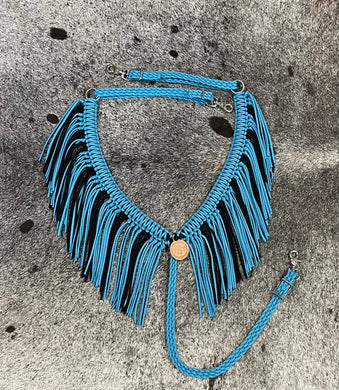 Neon turquoise and black fringe breast collar with a wither strap