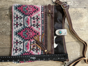 Cowhide, Tapestry and leather cross body  bag with leather strap