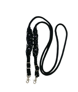 8' Fancy  braided loop reins black with amethyst