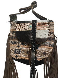 Cowhide, fringe, Tapestry and leather shoulder  bag with leather strap
