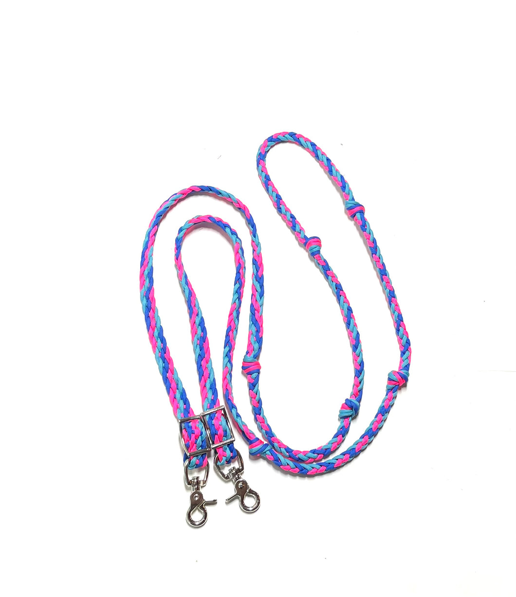 SALE barrel reins with  grip knots 8’ hot pink, royal blue, and neon turquoise